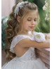 Beaded Ivory Lace Wrinkled Chiffon Ruffled Flower Girl Dress